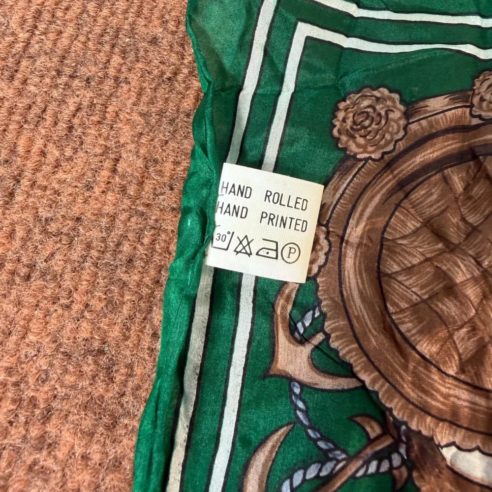 Vintage Nautical Silk Scarf Hand Printed Rolled Tall Ships Anchors Green 31x31